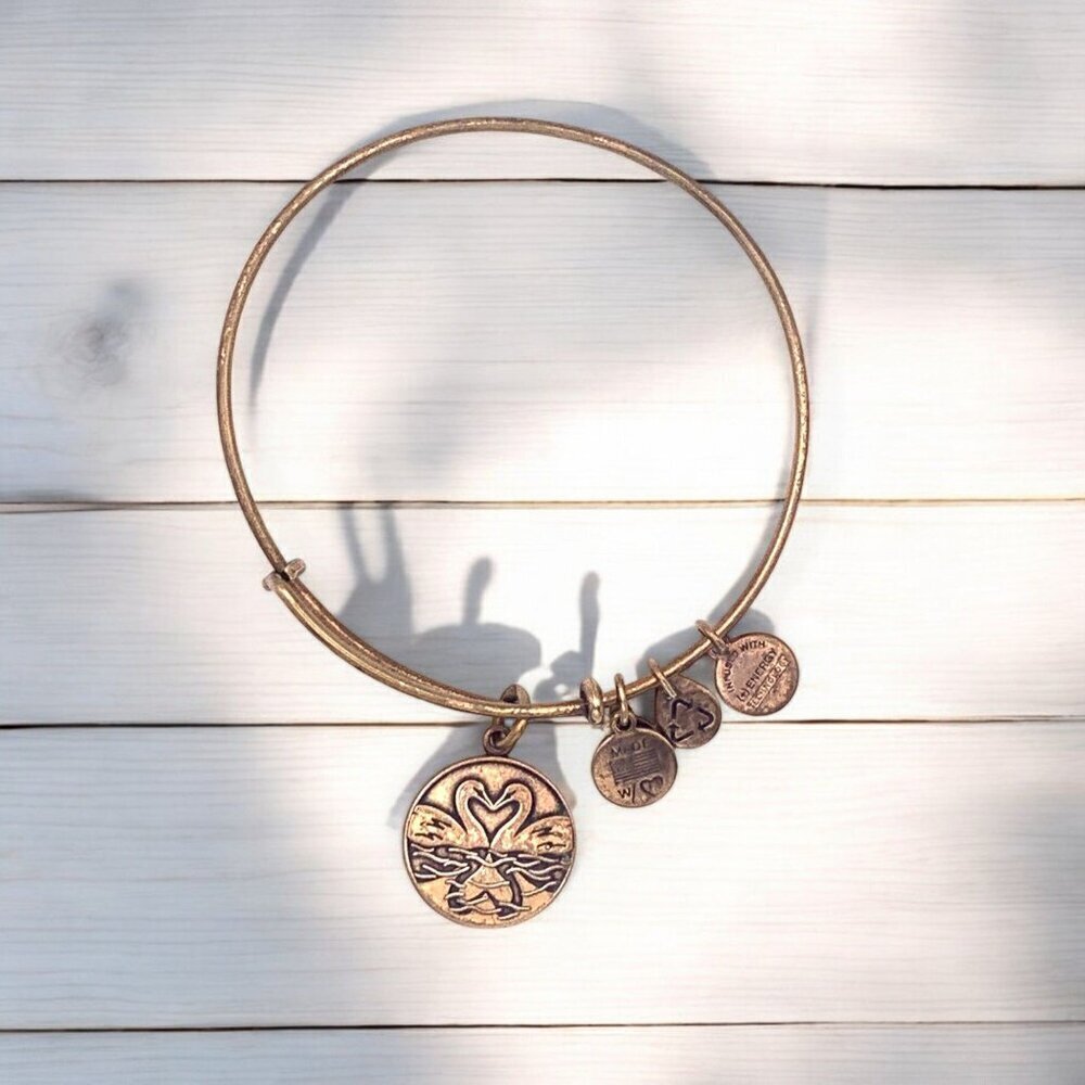 Alex & Ani Two Swans Gold-Tone Charm Bangle Bracelet With Inspirational Charms
